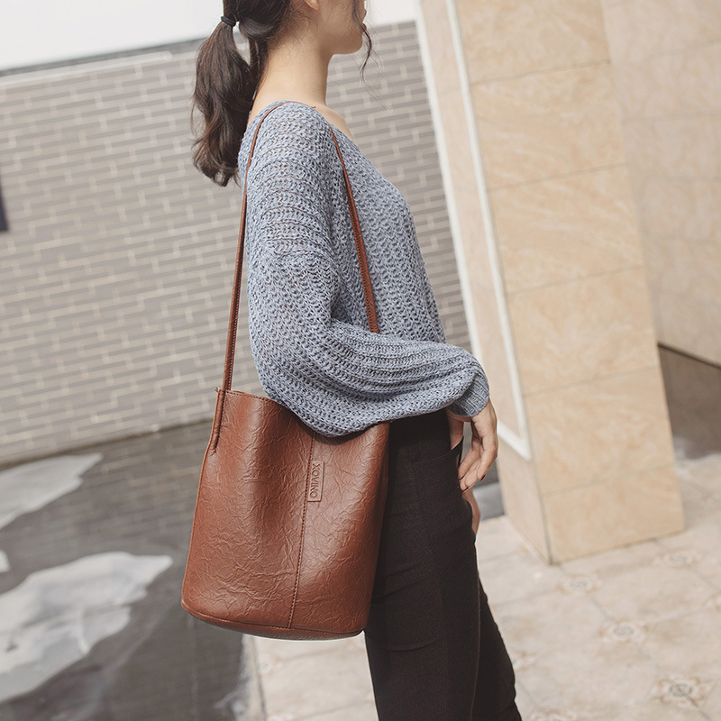 New Bucket Bag Pleated Messenger Bag Shopping Pu Women&#039;s Bag 2020 Korean Style Bag Women&#039;s Shoulder Bag