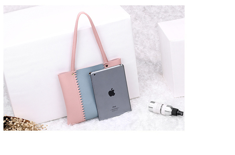 Women's Bag 2021 New Lychee Pattern Contrast Color Handbag Bucket Bag Fashion Casual Simple Shopping Bag Gift Bag