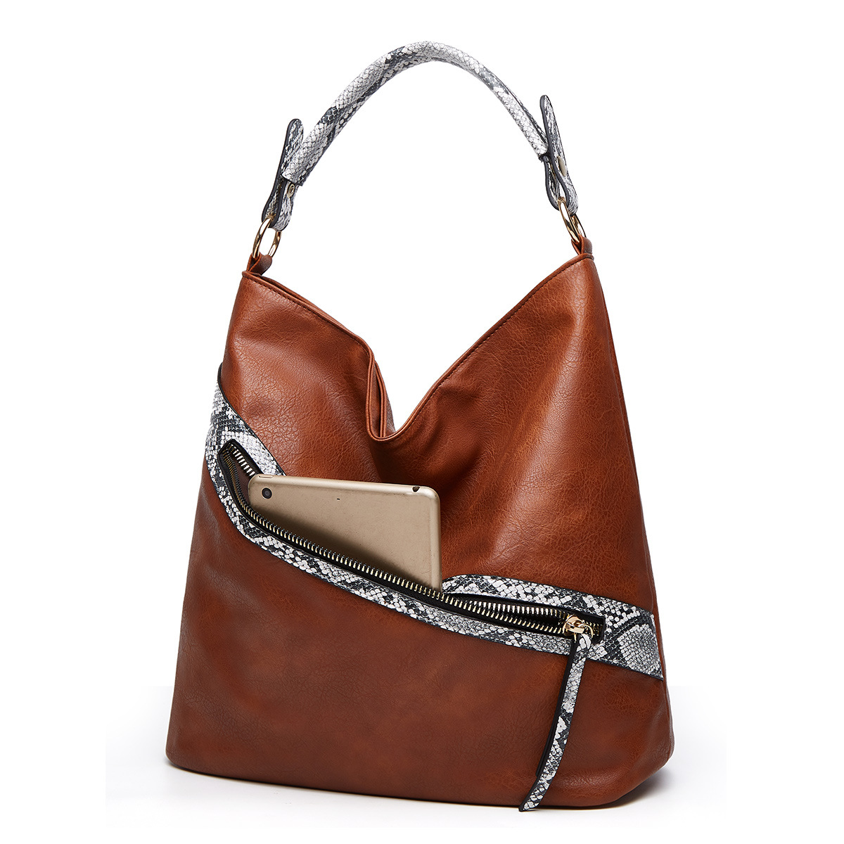 Foreign Trade 2021 Spring/Summer New Bucket Bag Snake Pattern Shoulder Bag Portable Big Bag European and American Fashion Women&#039;s Underarm Bag
