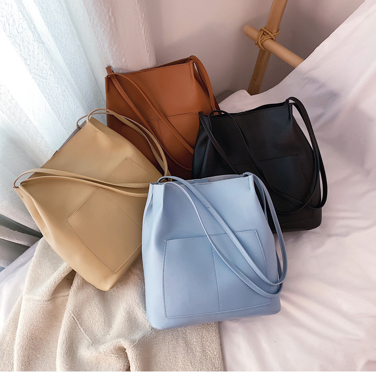 Double-Shoulder College Student Female 2020 Simple Fashion Small and Large Bucket Bag Korean-Style Large-Capacity Pu Bag