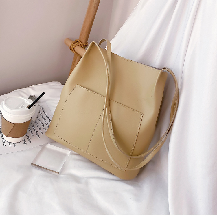 Double-Shoulder College Student Female 2020 Simple Fashion Small and Large Bucket Bag Korean-Style Large-Capacity Pu Bag