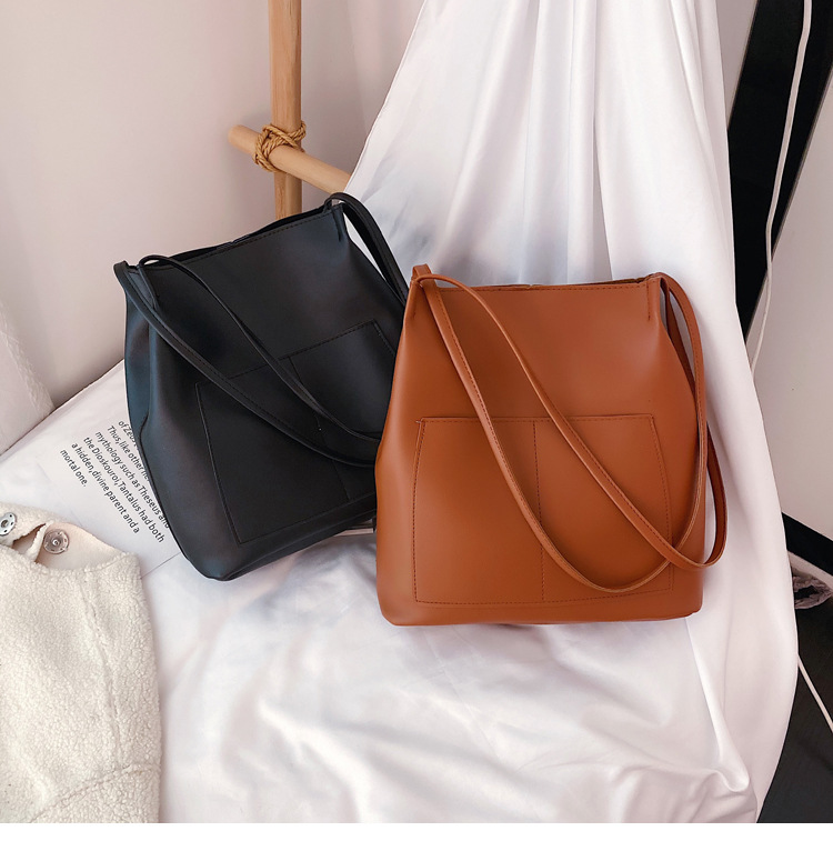 Double-Shoulder College Student Female 2020 Simple Fashion Small and Large Bucket Bag Korean-Style Large-Capacity Pu Bag