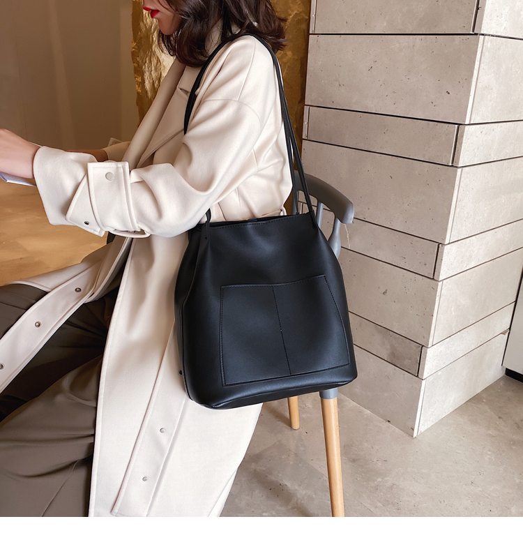 Double-Shoulder College Student Female 2020 Simple Fashion Small and Large Bucket Bag Korean-Style Large-Capacity Pu Bag