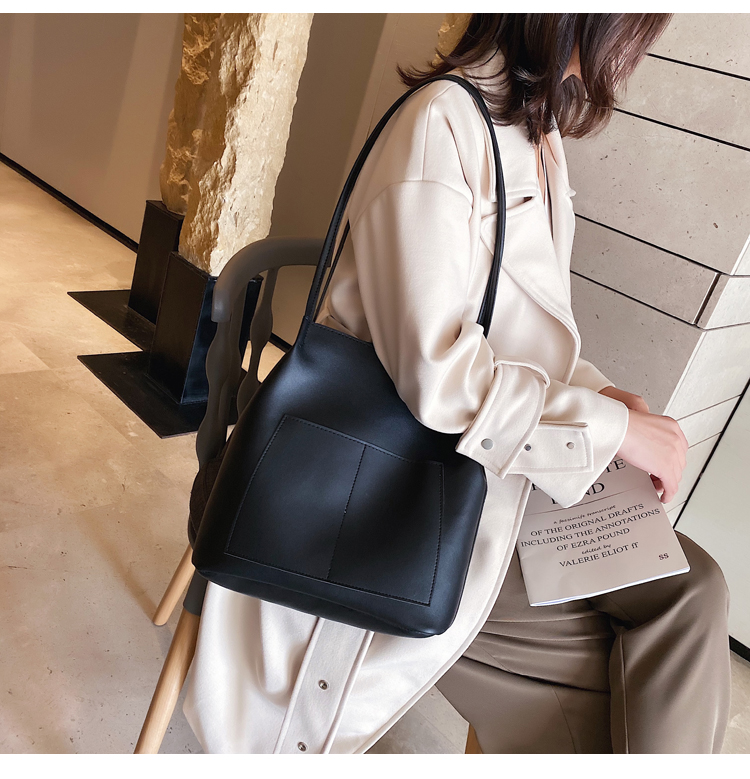 Double-Shoulder College Student Female 2020 Simple Fashion Small and Large Bucket Bag Korean-Style Large-Capacity Pu Bag