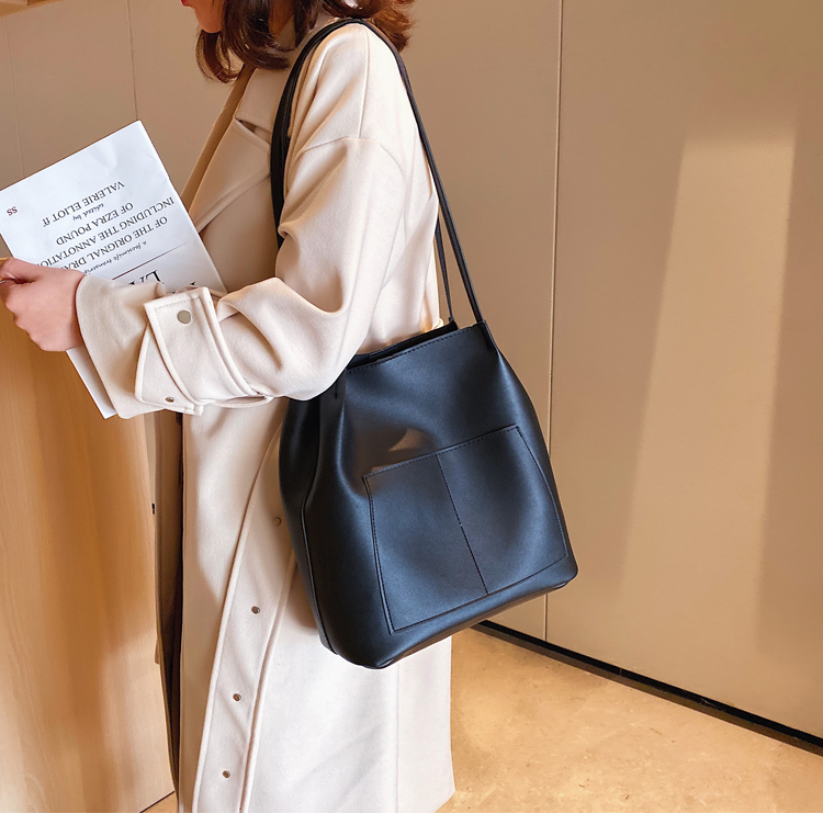 Double-Shoulder College Student Female 2020 Simple Fashion Small and Large Bucket Bag Korean-Style Large-Capacity Pu Bag