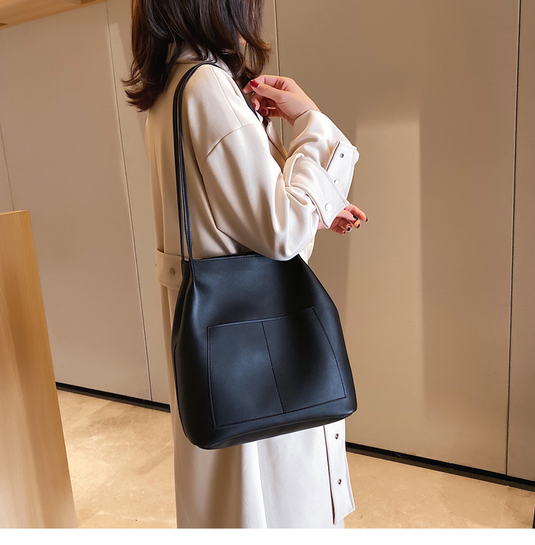 Double-Shoulder College Student Female 2020 Simple Fashion Small and Large Bucket Bag Korean-Style Large-Capacity Pu Bag