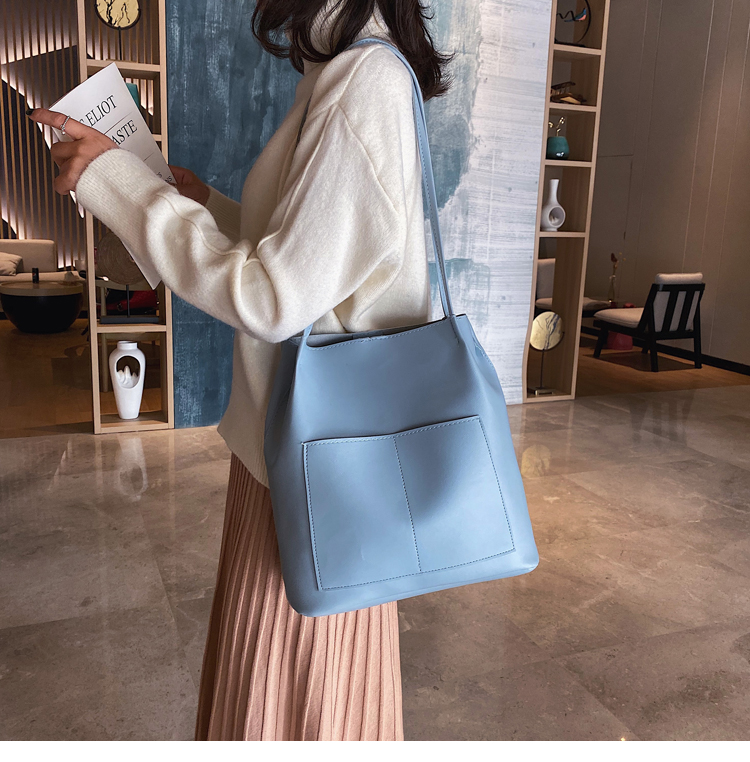 Double-Shoulder College Student Female 2020 Simple Fashion Small and Large Bucket Bag Korean-Style Large-Capacity Pu Bag