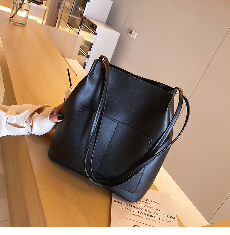 Double-Shoulder College Student Female 2020 Simple Fashion Small and Large Bucket Bag Korean-Style Large-Capacity Pu Bag