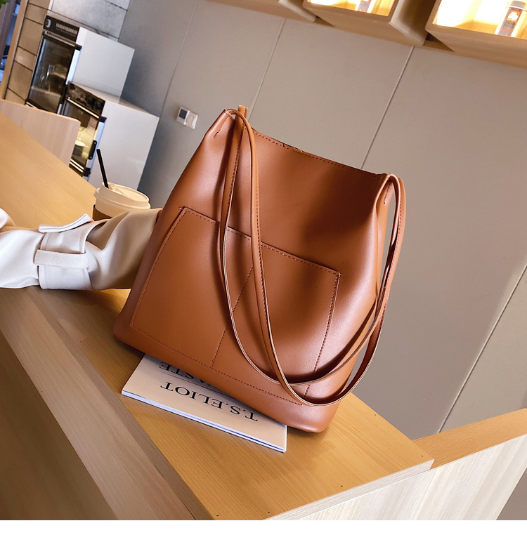 Double-Shoulder College Student Female 2020 Simple Fashion Small and Large Bucket Bag Korean-Style Large-Capacity Pu Bag