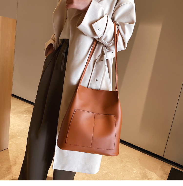 Double-Shoulder College Student Female 2020 Simple Fashion Small and Large Bucket Bag Korean-Style Large-Capacity Pu Bag