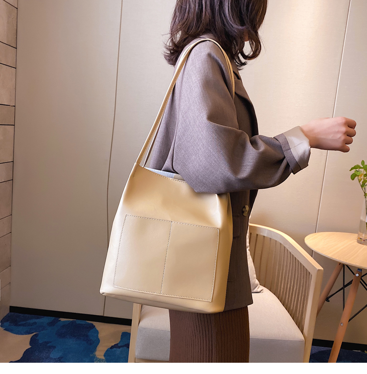 Double-Shoulder College Student Female 2020 Simple Fashion Small and Large Bucket Bag Korean-Style Large-Capacity Pu Bag