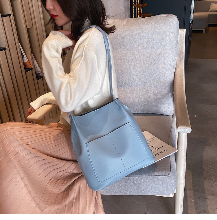 Double-Shoulder College Student Female 2020 Simple Fashion Small and Large Bucket Bag Korean-Style Large-Capacity Pu Bag