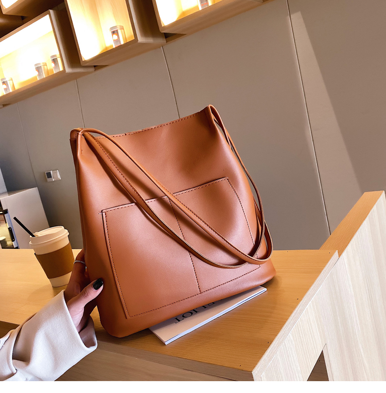 Double-Shoulder College Student Female 2020 Simple Fashion Small and Large Bucket Bag Korean-Style Large-Capacity Pu Bag