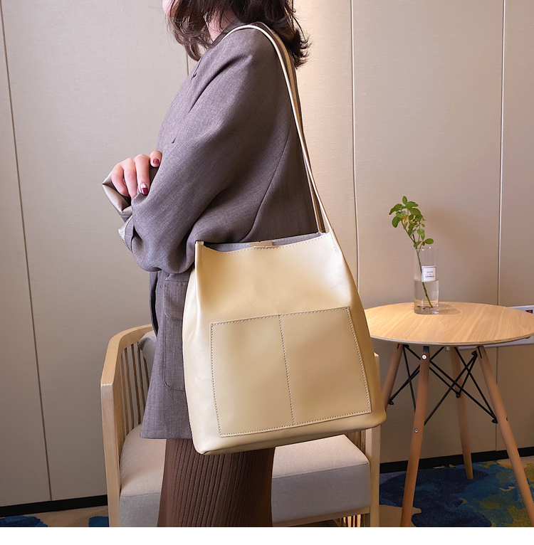 Double-Shoulder College Student Female 2020 Simple Fashion Small and Large Bucket Bag Korean-Style Large-Capacity Pu Bag