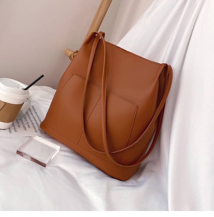 Double-Shoulder College Student Female 2020 Simple Fashion Small and Large Bucket Bag Korean-Style Large-Capacity Pu Bag