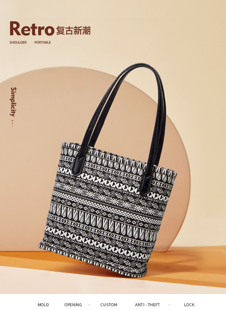 Vintage National Style Printed Canvas Bucket Bag 2020 Summer New Women's Shoulder Handbag Fashion Tote Bag