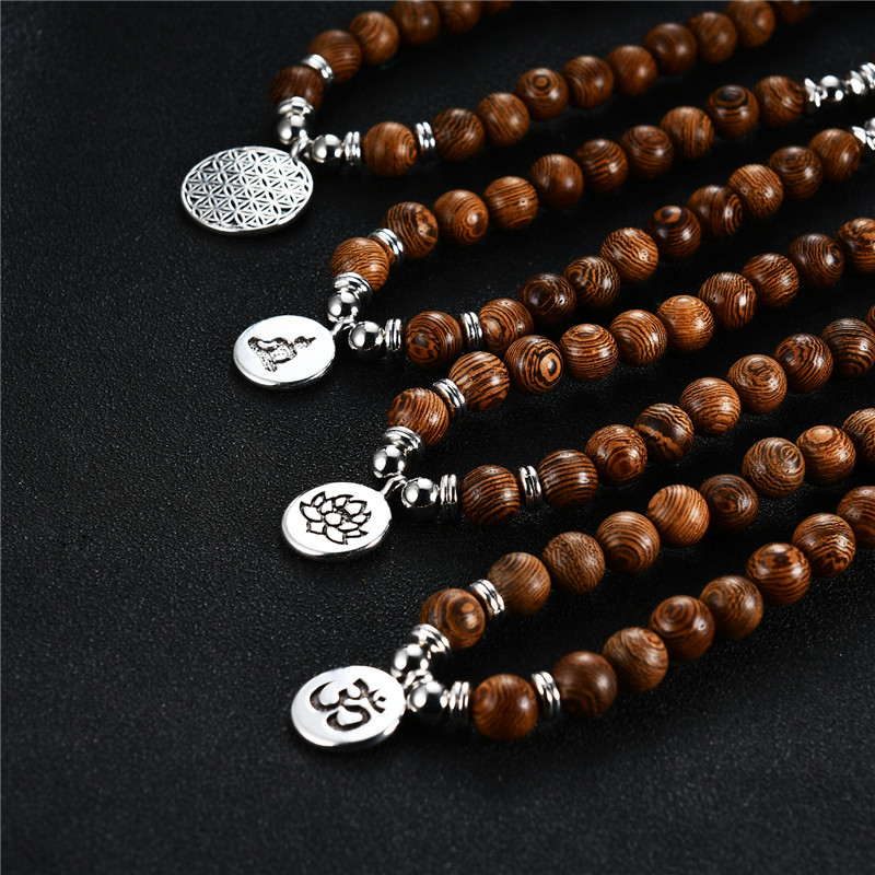 Exclusive for Cross-Border New 108 PCs Wooden Bead Flower of Life Lotus Buddha Statue Lifeblood Yoga Stretch Bracelet Necklace