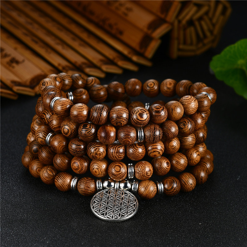 Exclusive for Cross-Border New 108 PCs Wooden Bead Flower of Life Lotus Buddha Statue Lifeblood Yoga Stretch Bracelet Necklace