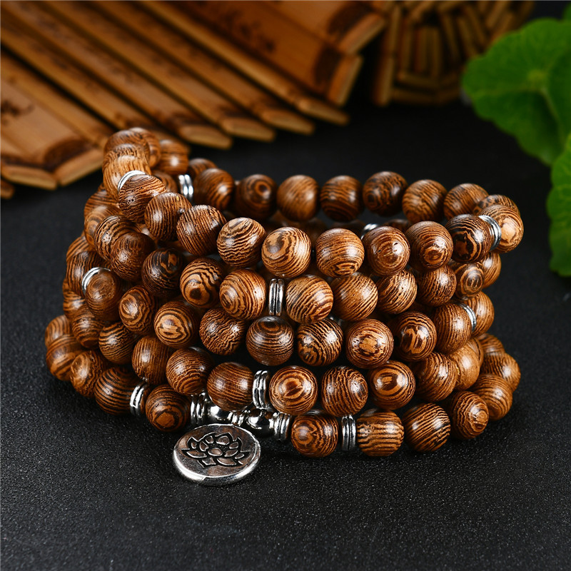 Exclusive for Cross-Border New 108 PCs Wooden Bead Flower of Life Lotus Buddha Statue Lifeblood Yoga Stretch Bracelet Necklace