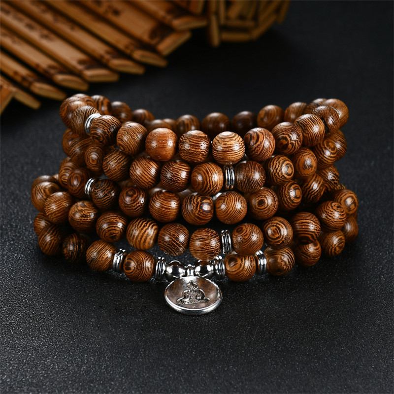 Exclusive for Cross-Border New 108 PCs Wooden Bead Flower of Life Lotus Buddha Statue Lifeblood Yoga Stretch Bracelet Necklace