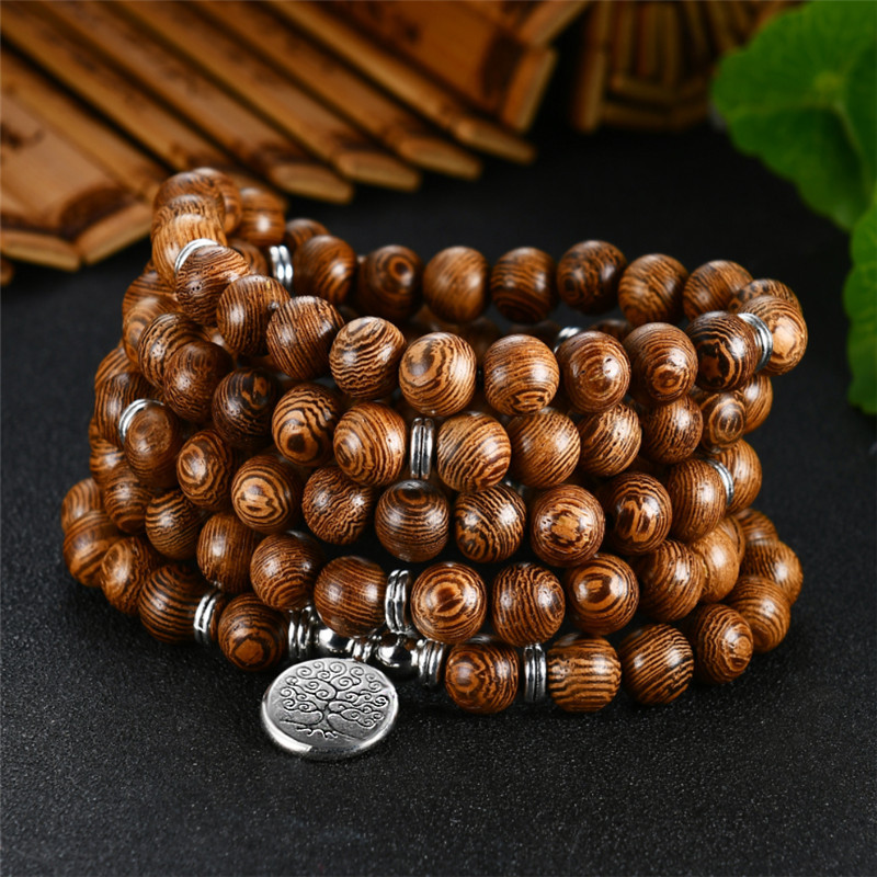 Exclusive for Cross-Border New 108 PCs Wooden Bead Flower of Life Lotus Buddha Statue Lifeblood Yoga Stretch Bracelet Necklace
