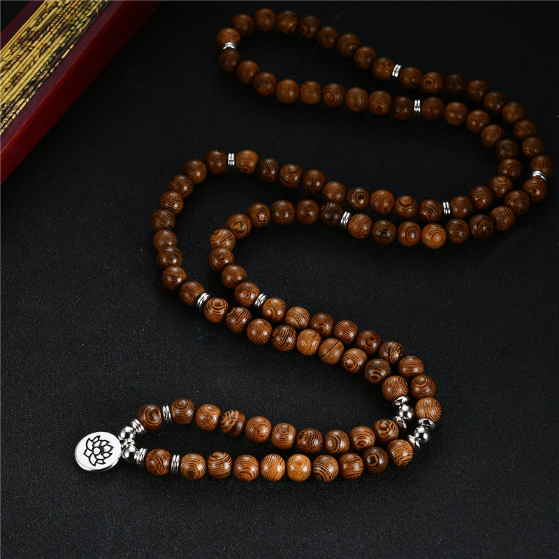 Exclusive for Cross-Border New 108 PCs Wooden Bead Flower of Life Lotus Buddha Statue Lifeblood Yoga Stretch Bracelet Necklace