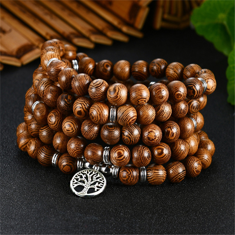 Exclusive for Cross-Border New 108 PCs Wooden Bead Flower of Life Lotus Buddha Statue Lifeblood Yoga Stretch Bracelet Necklace