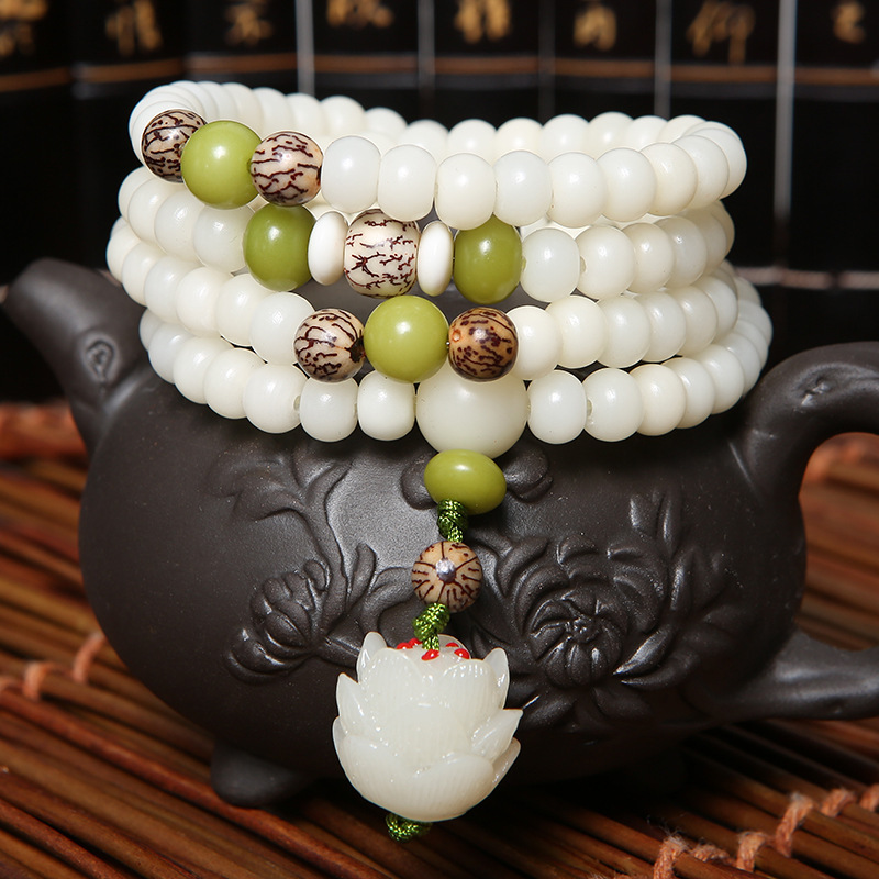 Buddha Beads Bracelet Hainan White Jade Bodhi 108 Multi-Circle Single Ring Bracelet Lotus Lotus Lotus Root