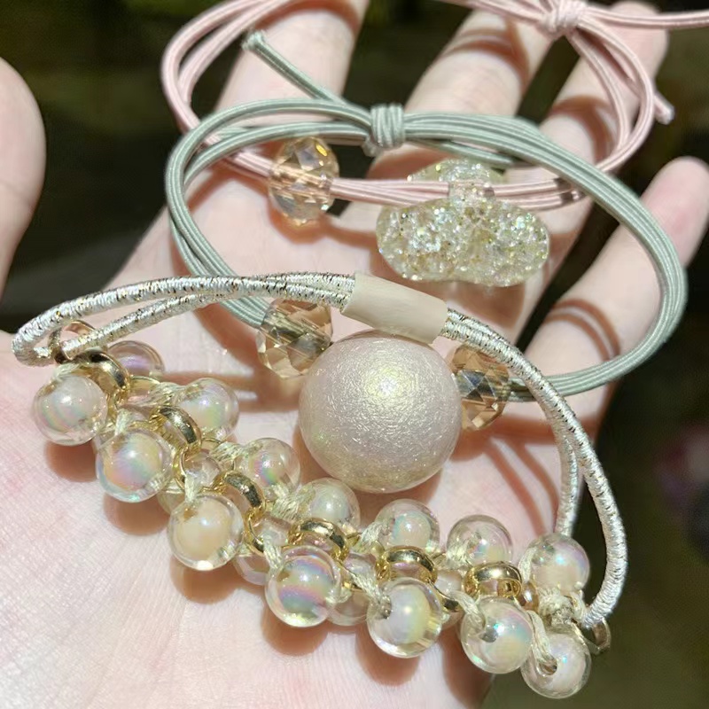 Korean INS Net Red Pearl Hair Rope Crystal Hair Tie Rhinestone Ponytail Simple Tie-up Hair Head Rope Bracelet Dual-Use
