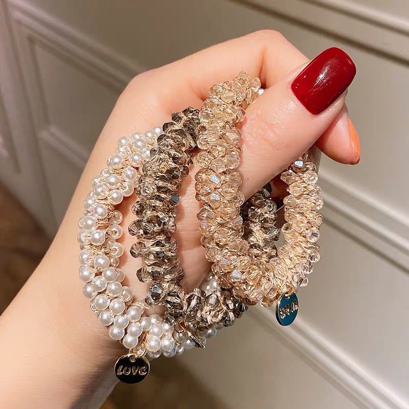 Korean INS Net Red Pearl Hair Rope Crystal Hair Tie Rhinestone Ponytail Simple Tie-up Hair Head Rope Bracelet Dual-Use