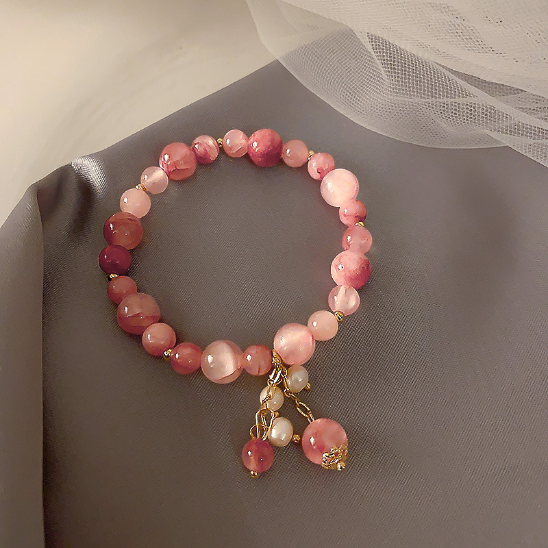 New Design Crystal Stretch Bracelet Korean Strawberry Quartz Pearl Girl Heart European and American Ins Niche Bracelet Bracelet