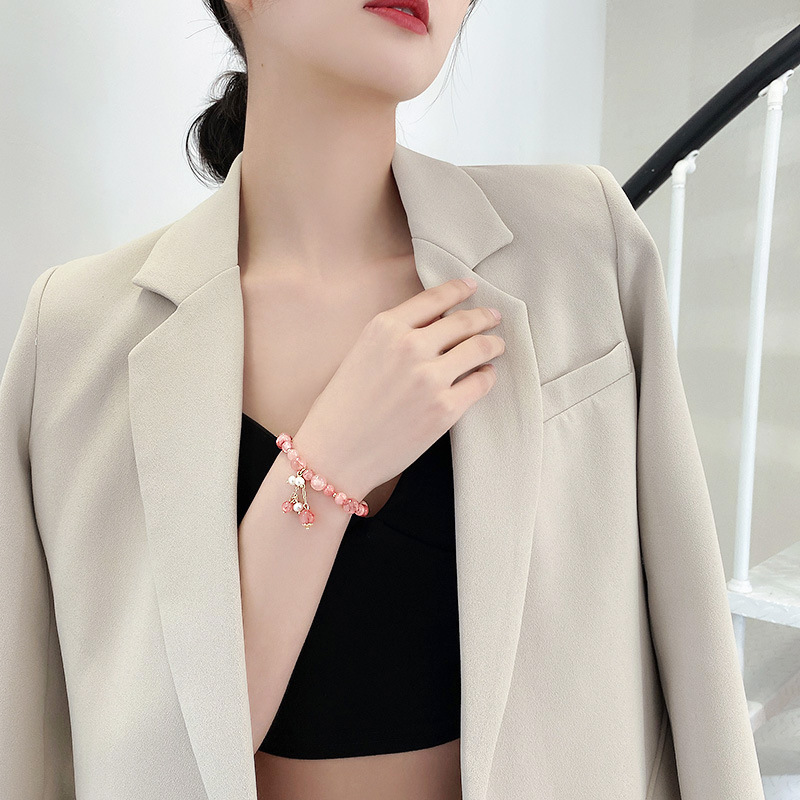 New Design Crystal Stretch Bracelet Korean Strawberry Quartz Pearl Girl Heart European and American Ins Niche Bracelet Bracelet