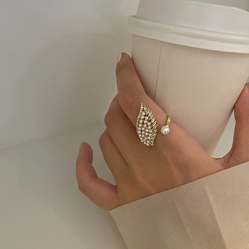 No. 7 Pearl Micro Inlaid Zircon Open Ring Korean Design Angel Wings Female Fashion Ring Simple Personality Bracelet No. 7 Pearl Micro Inlaid Zircon Open Ring Korean Design Angel Wings Female Fashion Ring Simple Personality Bracelet