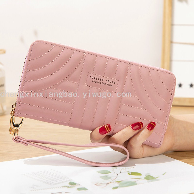 Long Wallet Pu Embroidery Thread Women&#039;s Clutch Wallet Korean  Card Slots Fashion All-Match Mobile Phone Bag Wholesale