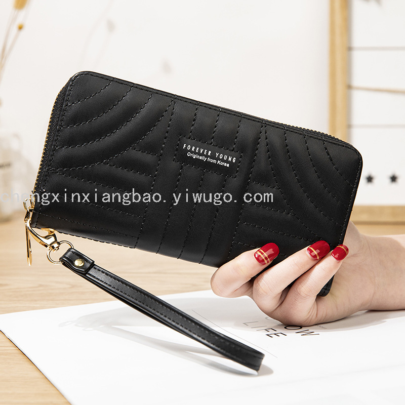 Long Wallet Pu Embroidery Thread Women&#039;s Clutch Wallet Korean  Card Slots Fashion All-Match Mobile Phone Bag Wholesale