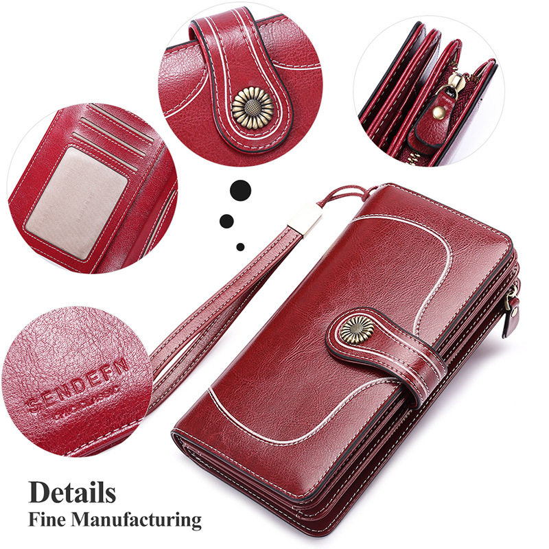 New Style Oil Wax Cowhide Women&#039;s Large Capacity Leather Wallet Long Women&#039;s Large Wallet One Product Dropshipping
