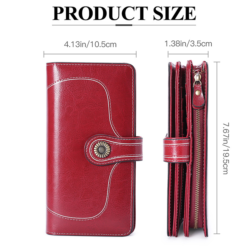 New Style Oil Wax Cowhide Women&#039;s Large Capacity Leather Wallet Long Women&#039;s Large Wallet One Product Dropshipping