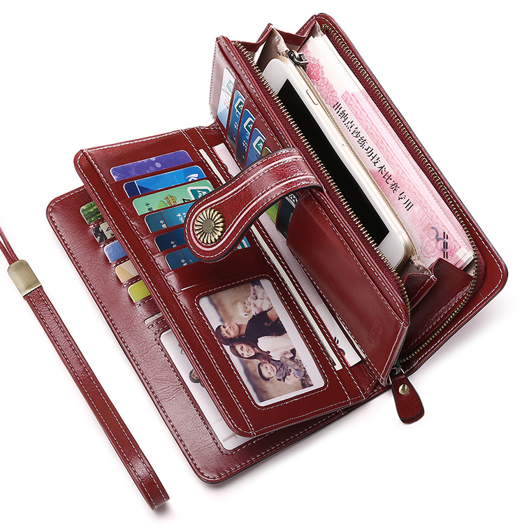 New Style Oil Wax Cowhide Women&#039;s Large Capacity Leather Wallet Long Women&#039;s Large Wallet One Product Dropshipping