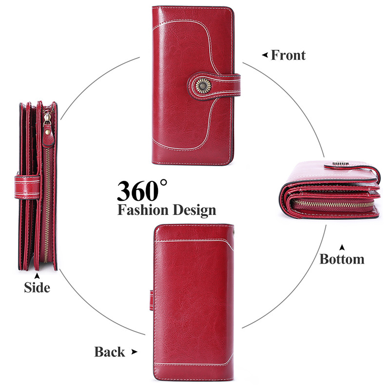 New Style Oil Wax Cowhide Women&#039;s Large Capacity Leather Wallet Long Women&#039;s Large Wallet One Product Dropshipping