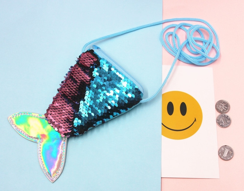 Sequined Mermaid Lanyard Coin Bag Small Wallet Children's Crossbody Small Bag Fish Tail Two-Color Sequined Coin Purse for Women