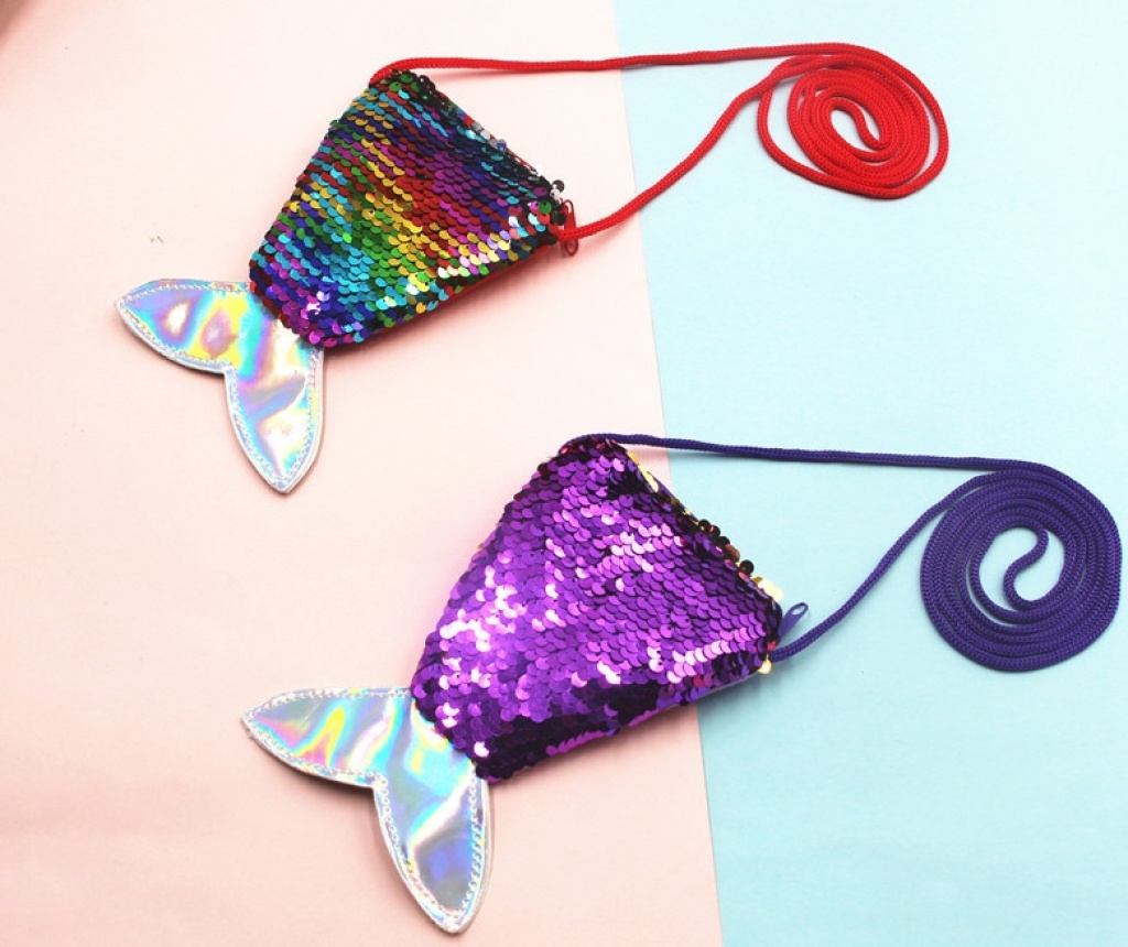 Sequined Mermaid Lanyard Coin Bag Small Wallet Children's Crossbody Small Bag Fish Tail Two-Color Sequined Coin Purse for Women