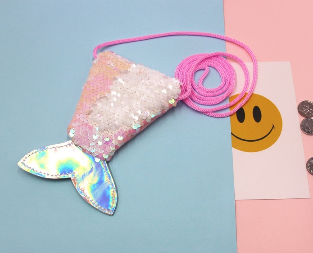 Sequined Mermaid Lanyard Coin Bag Small Wallet Children's Crossbody Small Bag Fish Tail Two-Color Sequined Coin Purse for Women