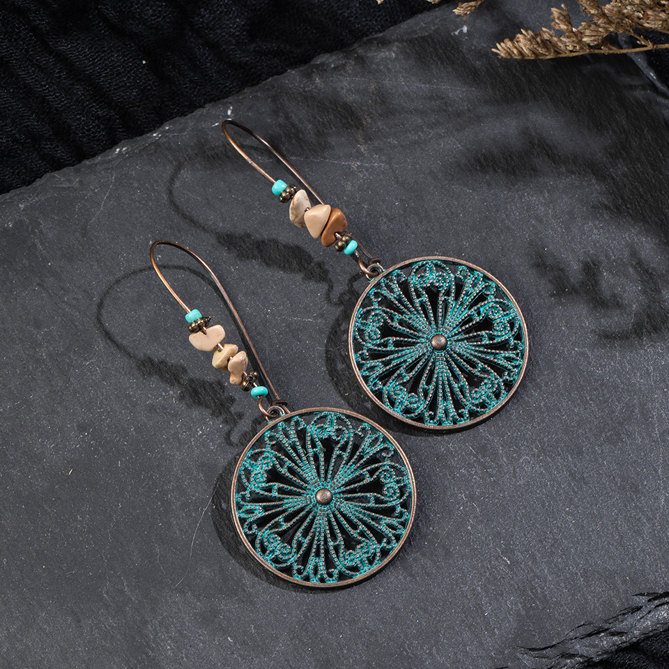 European and American Fashion Hot Selling Accessories Alloy Carved Hollow Flower Earrings Stone Pendant Ear Hook Cross-Border Wholesale
