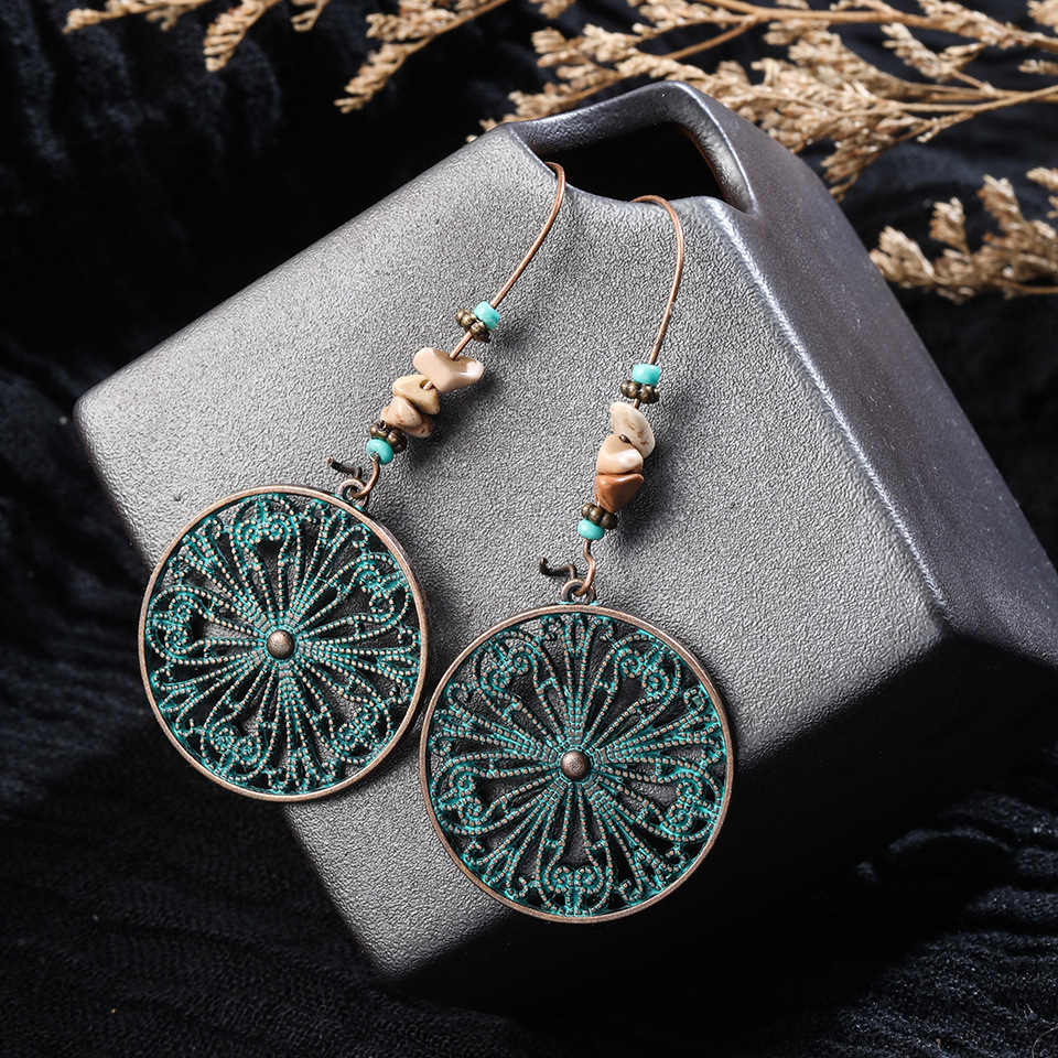 European and American Fashion Hot Selling Accessories Alloy Carved Hollow Flower Earrings Stone Pendant Ear Hook Cross-Border Wholesale