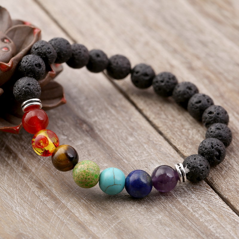 2020 Cross-Border Seven-Pulse Wheel Alloy Ornament Volcanic Rock Aromatherapy Beaded Bracelet Stone Yoga Bracelet