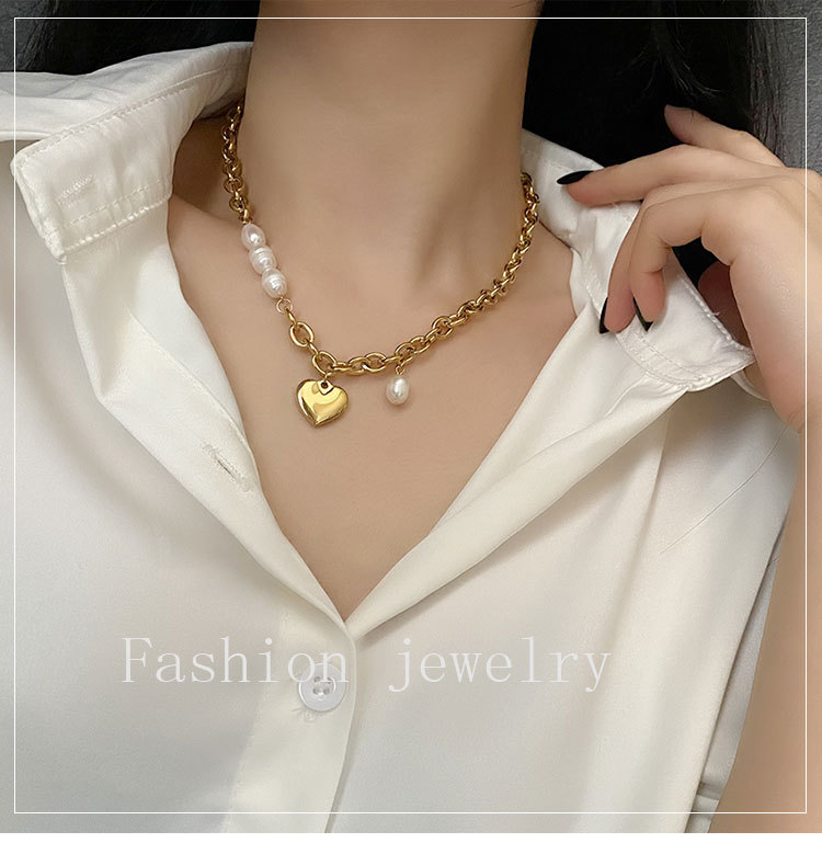 European and American Fashion Titanium Steel No Fading Chain Pearl Stitching Love Choker Female Ins Gentle Temperament Clavicle Chain