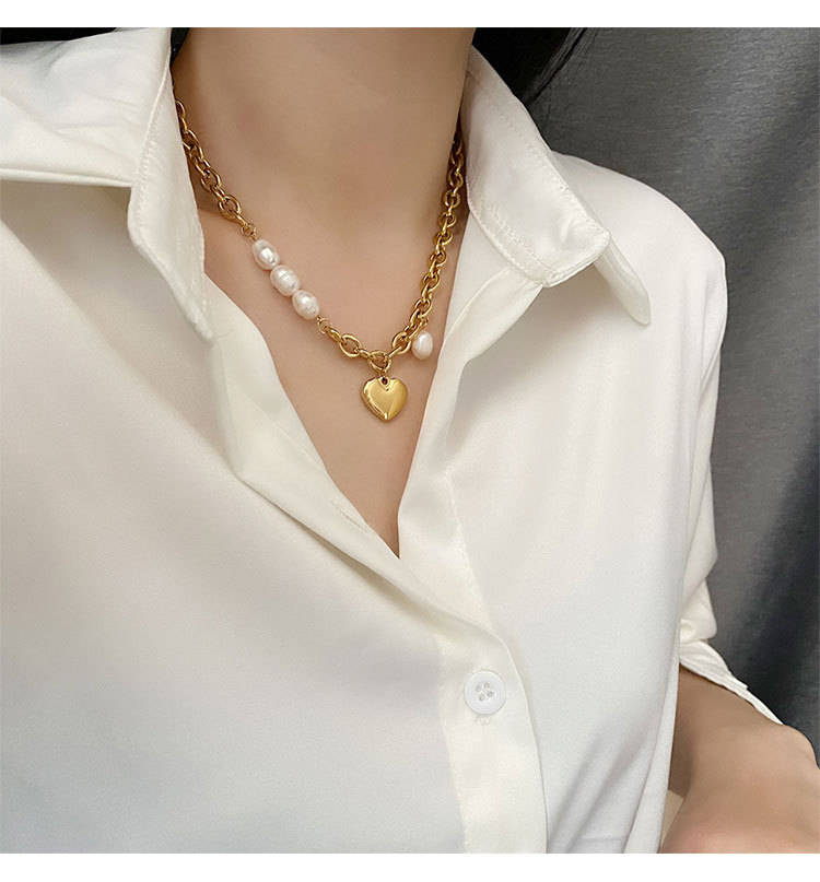 European and American Fashion Titanium Steel No Fading Chain Pearl Stitching Love Choker Female Ins Gentle Temperament Clavicle Chain