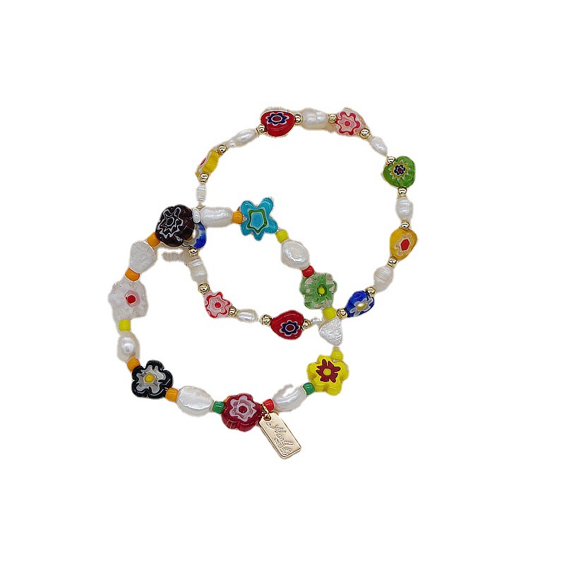 Korean Style Dongdaemun Same Style Flower Glass Freshwater Pearl Bracelet Elastic String Beaded Bracelet Color Bracelet for Women
