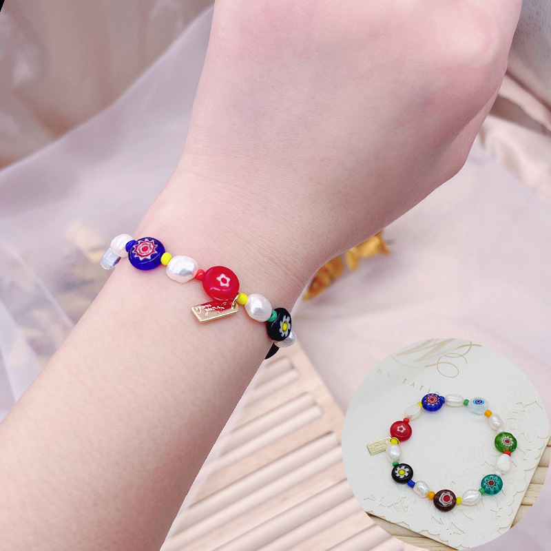 Korean Style Dongdaemun Same Style Flower Glass Freshwater Pearl Bracelet Elastic String Beaded Bracelet Color Bracelet for Women