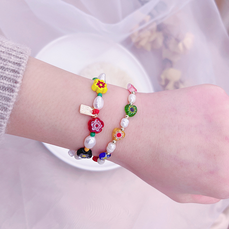 Korean Style Dongdaemun Same Style Flower Glass Freshwater Pearl Bracelet Elastic String Beaded Bracelet Color Bracelet for Women